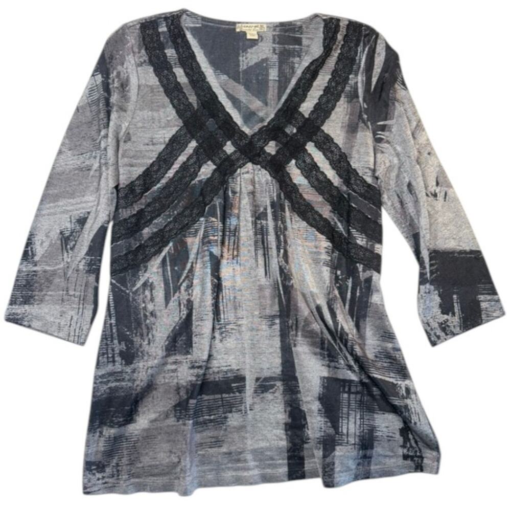 Vtg 00s Energie Metallic Blouse Shirt Top XL Silver Black Whimsy Gothic Witchy